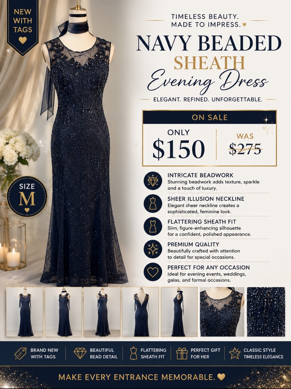 Navy Beaded Sheath Evening Dress